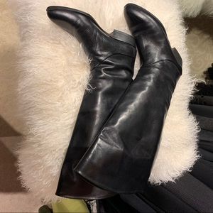 Black leather high boots, wide calf.